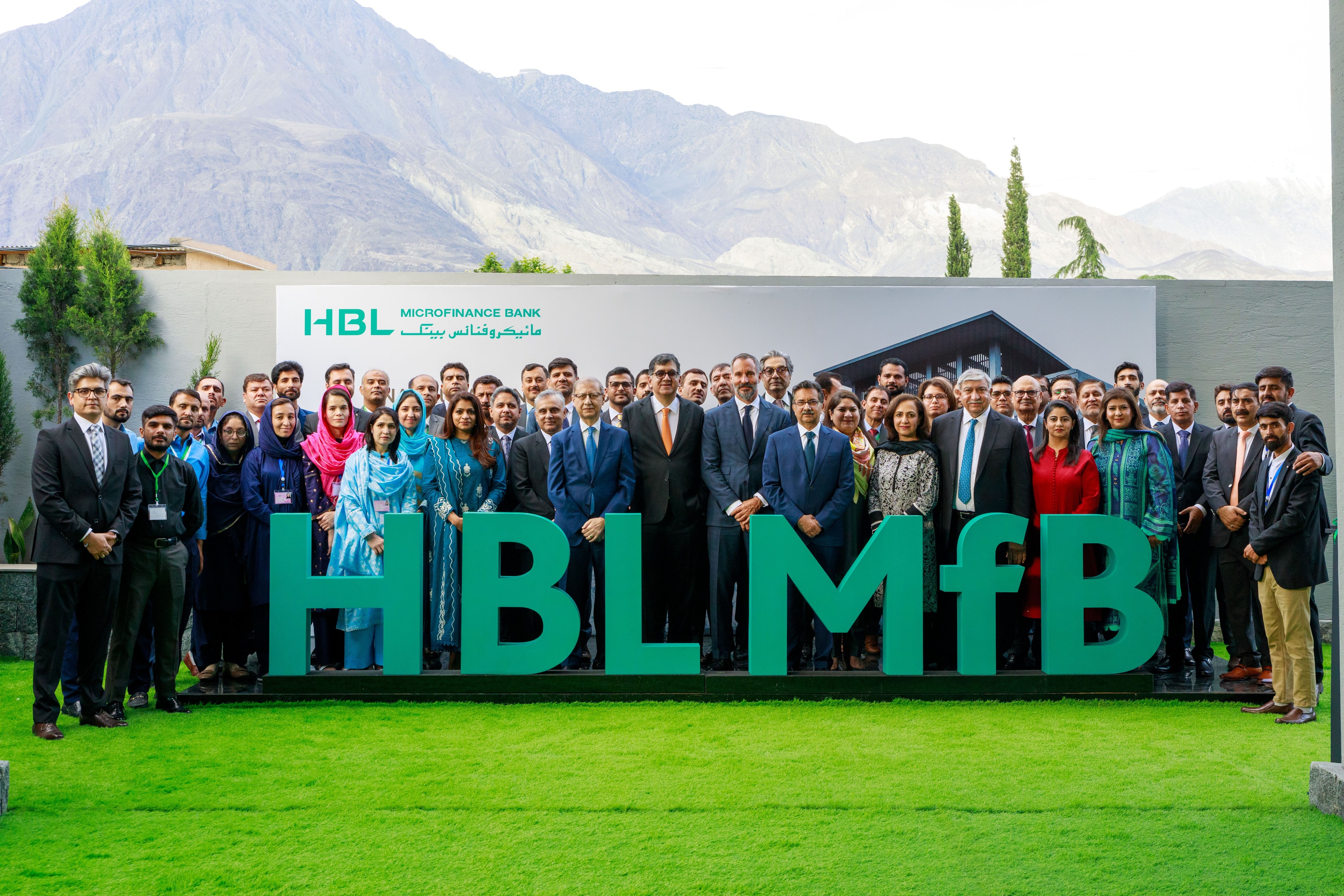 Prince Rahim Aga Khan with the staff of HBL Microfinance Bank at the inauguration of its new Regional Headquarters.